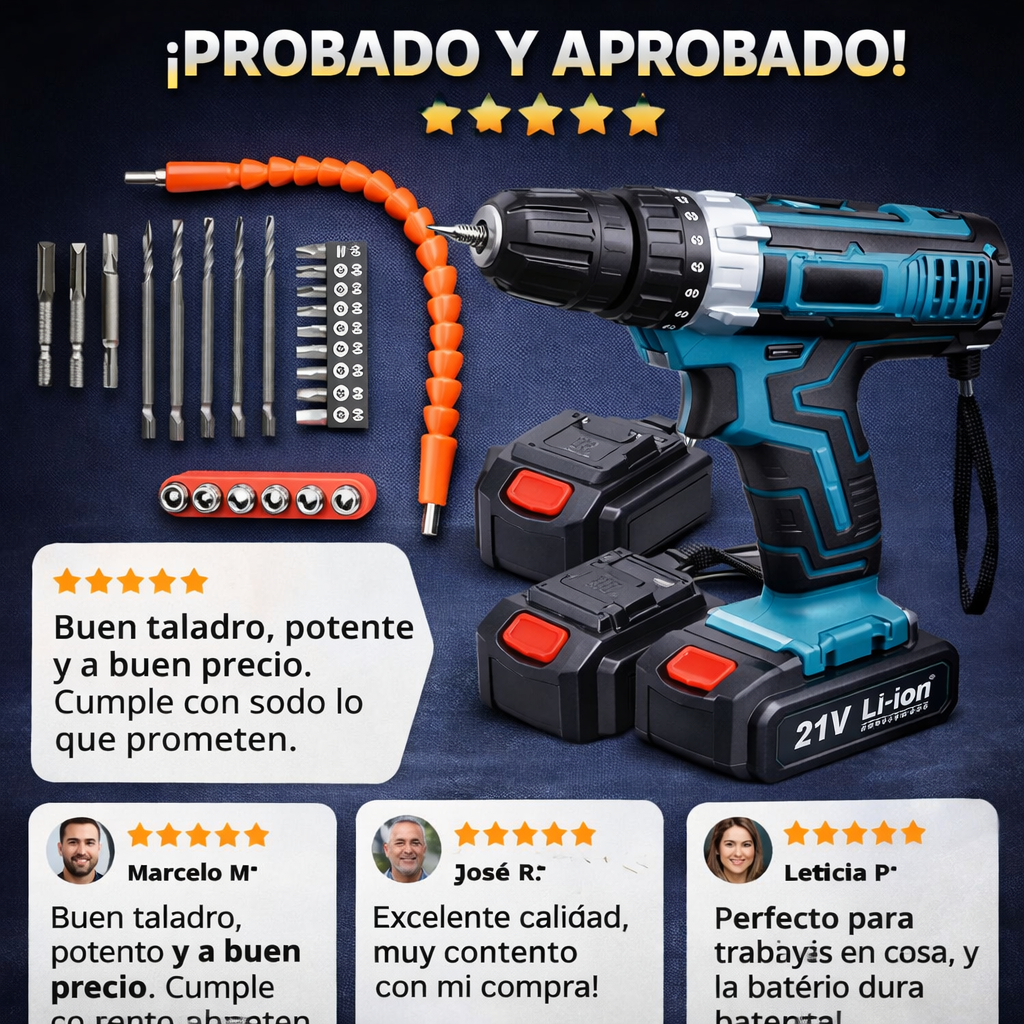 Juego de Taladro Eléctrico Inalámbrico, Taladro de impacto eléctrico, estornillador inalámbrico 3 en 1 con 2 batería de 21V