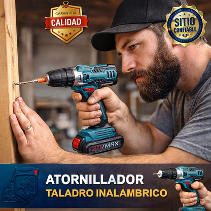 Juego de Taladro Eléctrico Inalámbrico, Taladro de impacto eléctrico, estornillador inalámbrico 3 en 1 con 2 batería de 21V