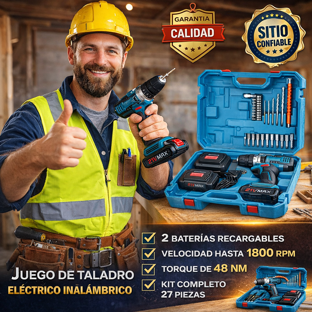 Juego de Taladro Eléctrico Inalámbrico, Taladro de impacto eléctrico, estornillador inalámbrico 3 en 1 con 2 batería de 21V