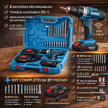 Juego de Taladro Eléctrico Inalámbrico, Taladro de impacto eléctrico, estornillador inalámbrico 3 en 1 con 2 batería de 21V